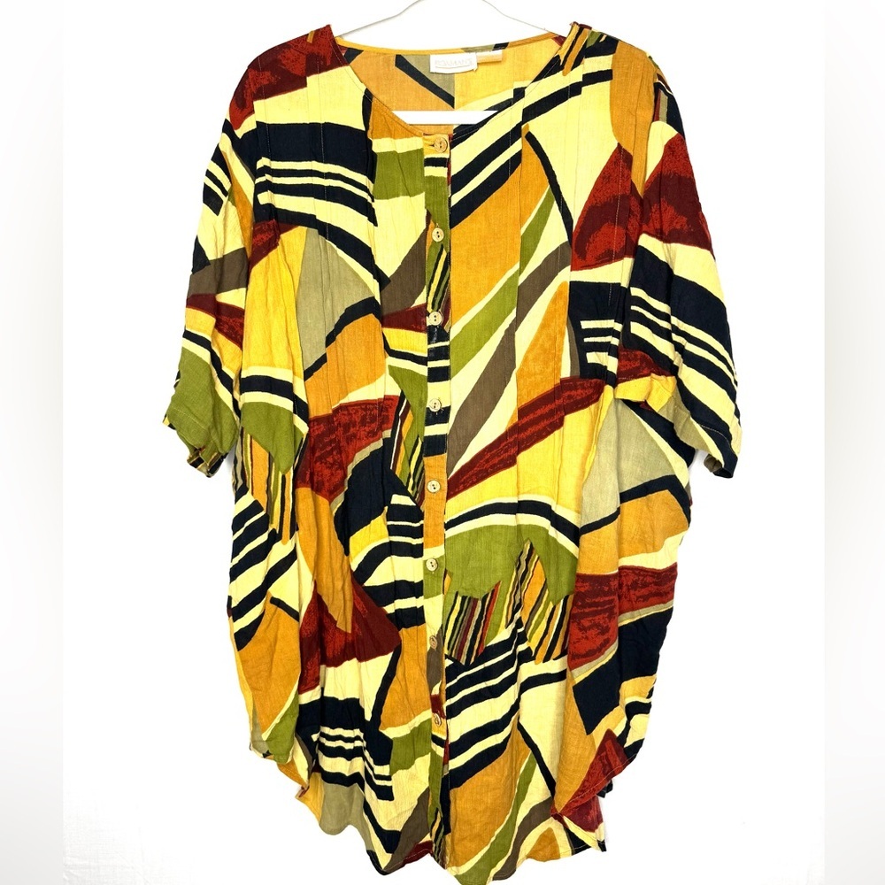 Women's Roaman's Tropical Jungle Tunic Top 1X Button Down Flowy Cruise Vacation